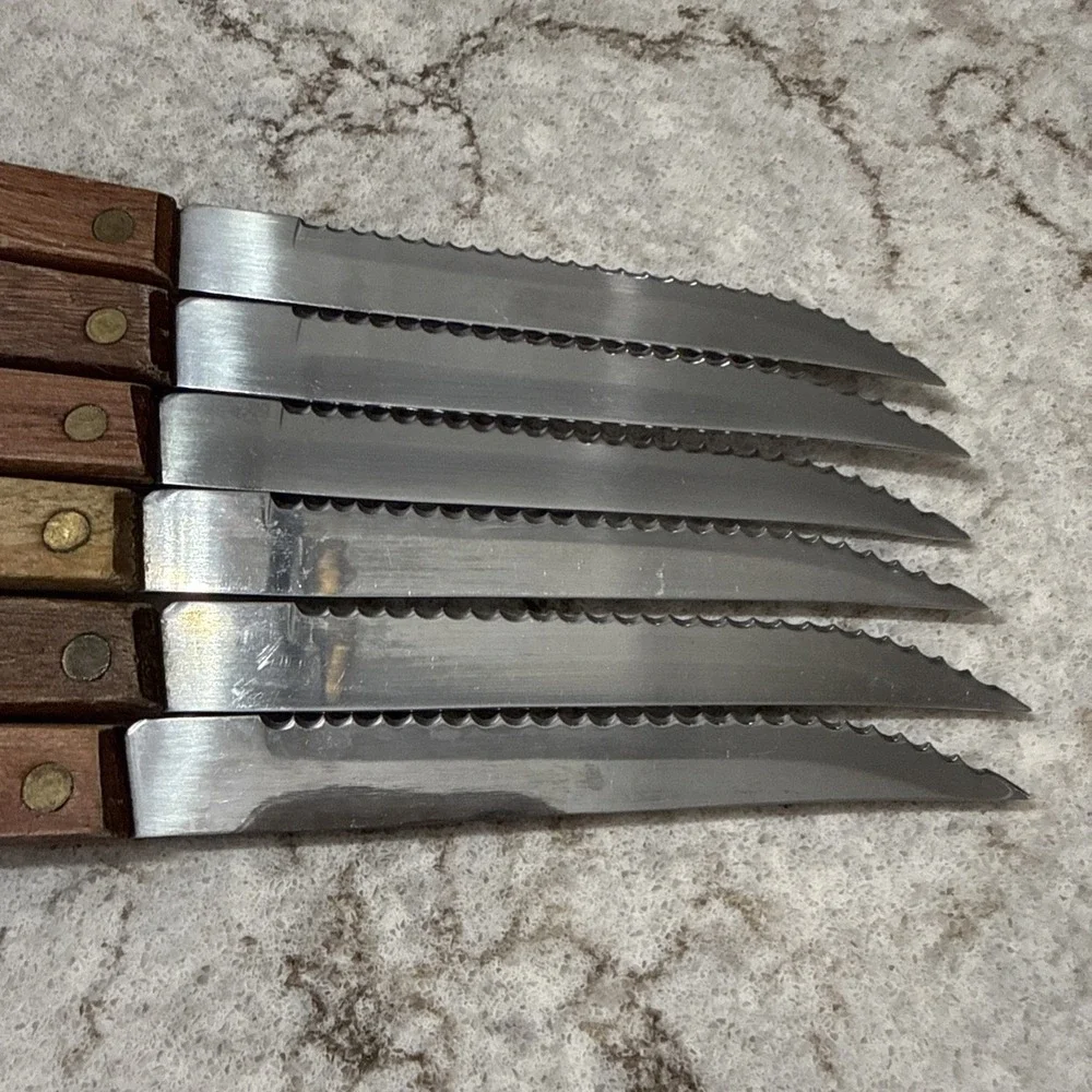 6 Vintage Brand Ware Stainless Steel Steak Knives Wooden Handles Dainty